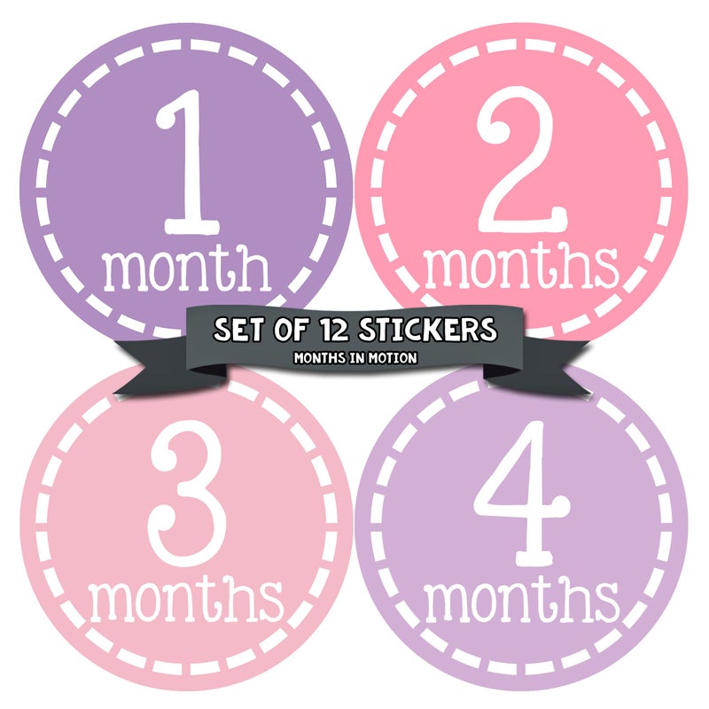 Months In Motion Baby Girl Milestone Stickers - 12 Purple Matte Removable Round Stickers for Photos - Image 1